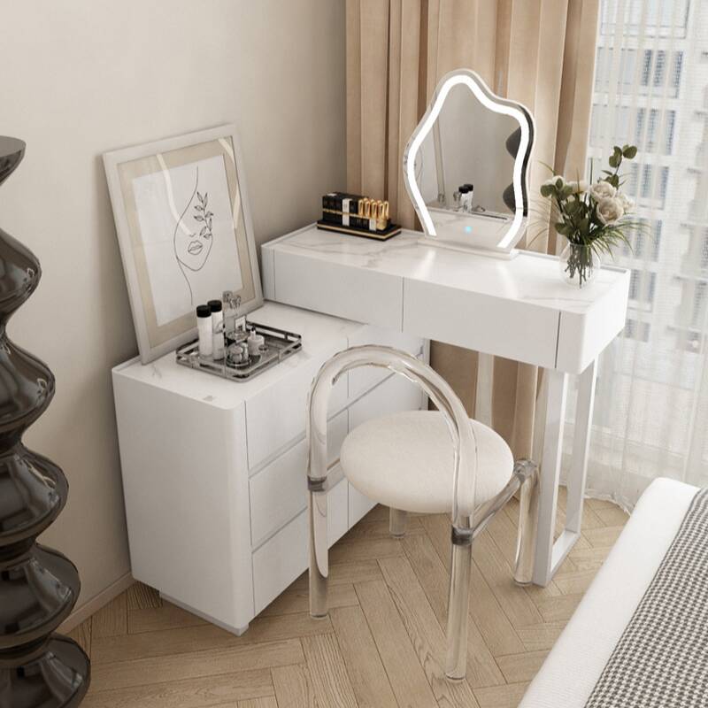 L-Shape Scalable Makeup Vanity with Adjustable Lighting System and Touch Brightness for Sleeping Room