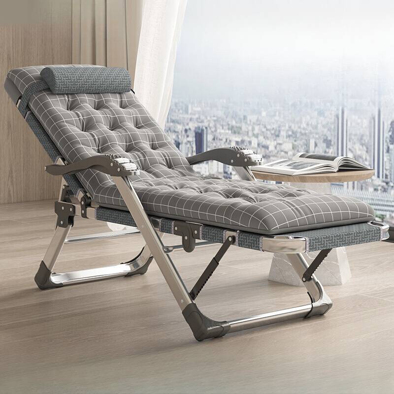 Checkered Arm Recliner with Silver Legs, Space-saving Foldable Design, and Headrest