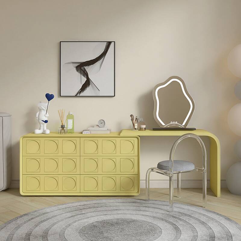 L-Shape Ground Makeup Vanity in Engineered Wood with Scalable Push-Pull Design