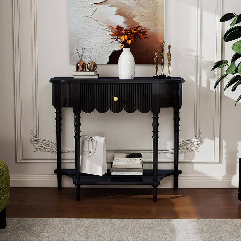 Retro Ash Wood Floor Shelf Entrance Table with Half Round Top and 1 Drawer