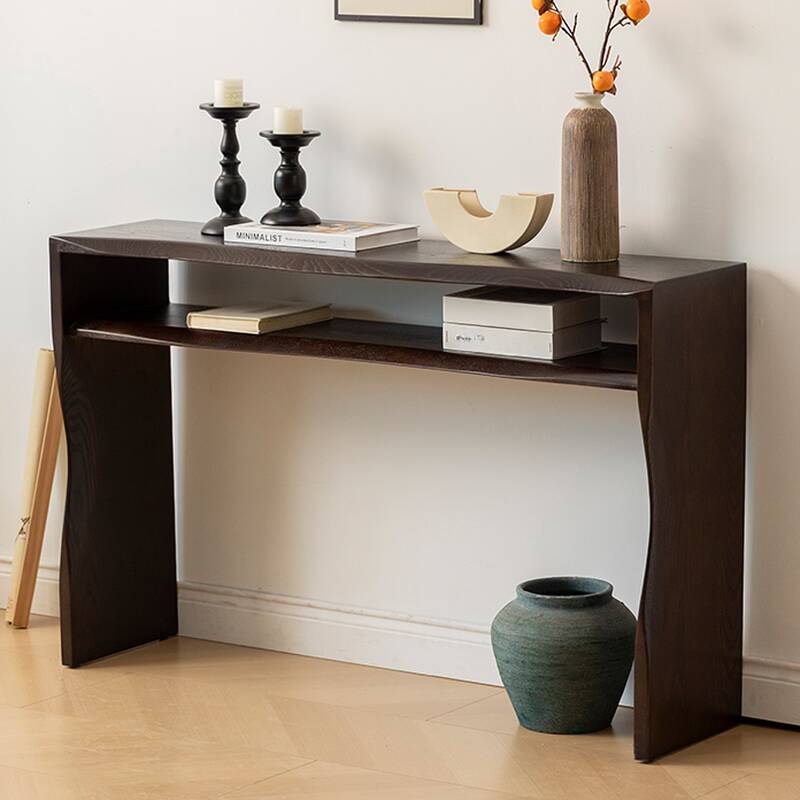 Modern Cocoa Lumber Free Form Foyer Table with Twin Support Base and 1 Shelf