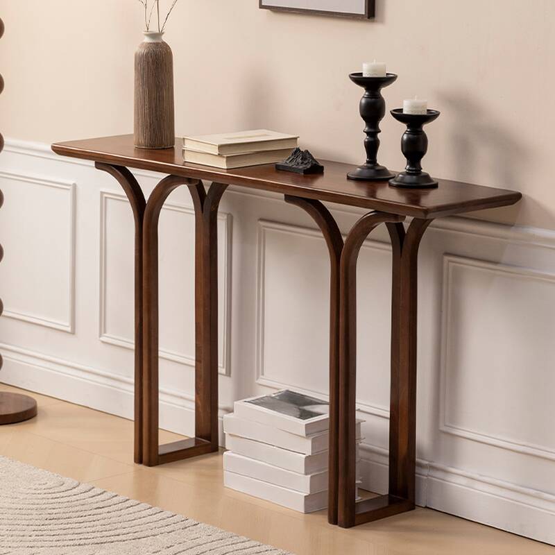 Nordic Style Lumber Rectangle Foyer Table with Twin Support Base in Ink/Cocoa