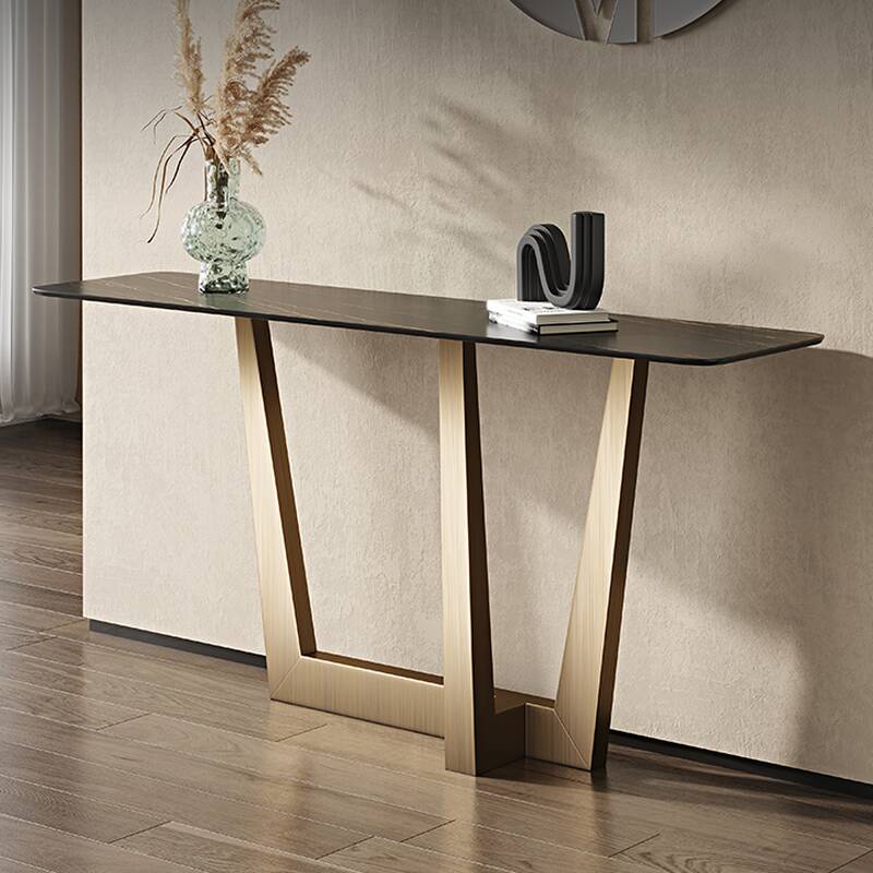 Art Deco Stone Cross-brace Entrance Table with Ink Colour, Scratch-durable and Stain Resistant Rectangle Top