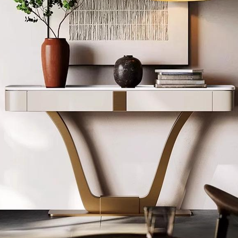 Modern Sintered Stone Pedestal Console Desk with Multi-Colour Top, Scratch-shielded and Stain Resistant with Soft Close Drawers