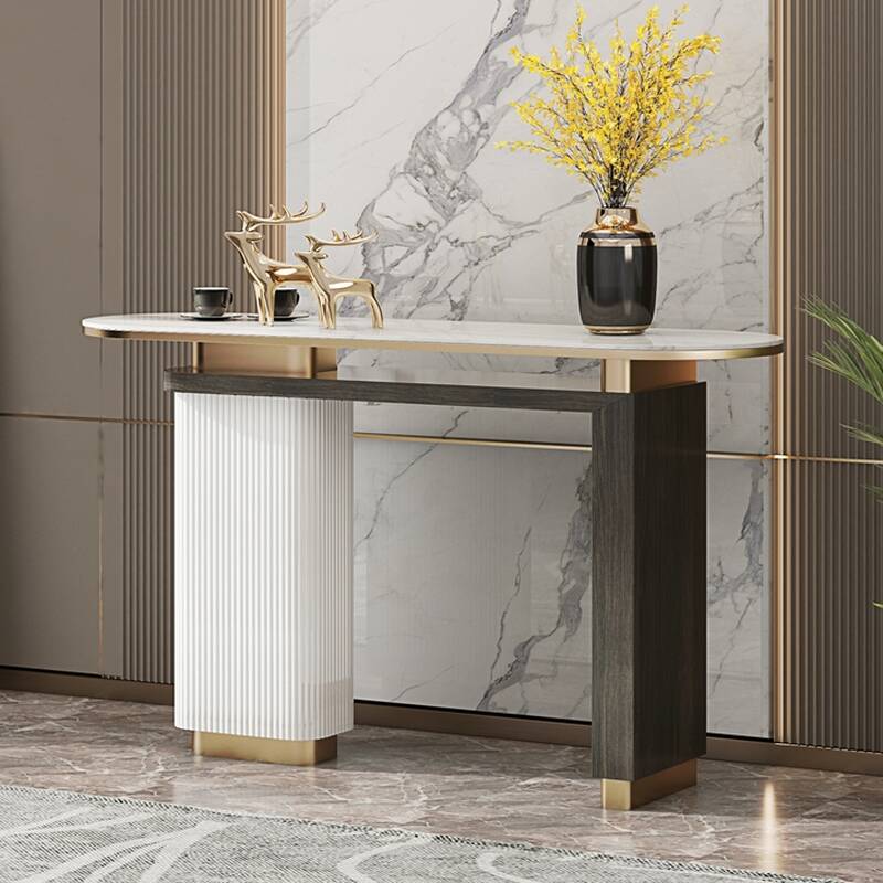 Modern White Elliptical Sintered Stone Foyer Table with Twin Support, Scratch-shielded and Stain Resistant