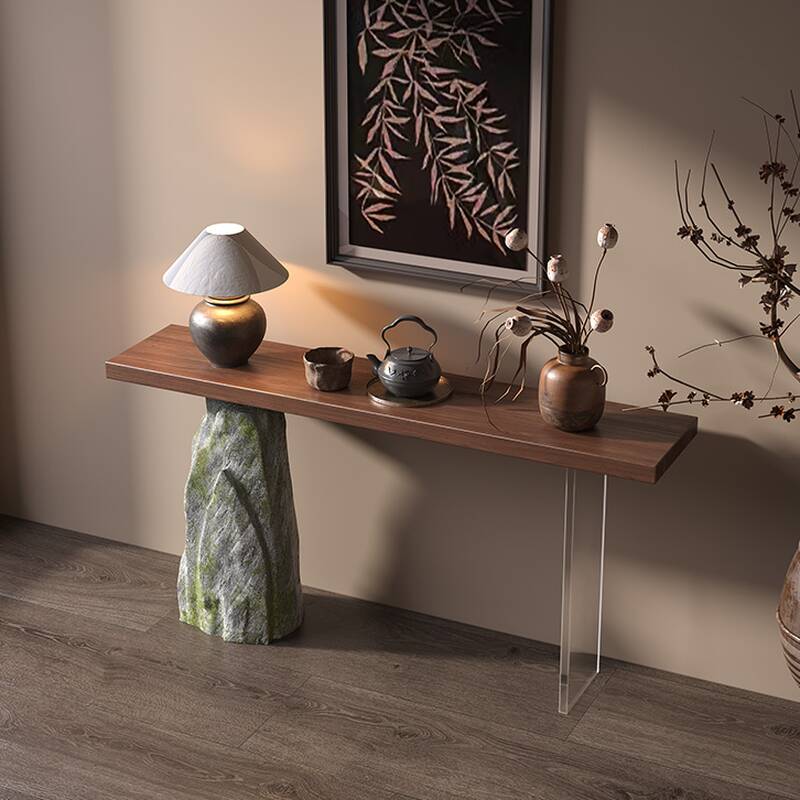 Modern Timber Console Desk with Twin Support Base in Cocoa Rectangle Shape