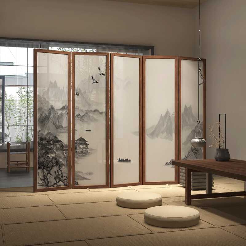 4/5 Panels Bleached White Room Divider Screen with Translucent Gauze and Double Sided Print