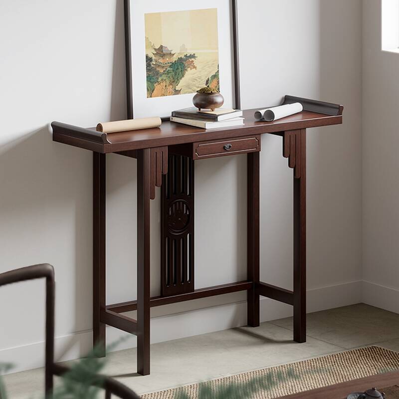 Victorian Timber Trestle/Entryway Table with a Natural Finish Brown Tabletop and 1 Drawer