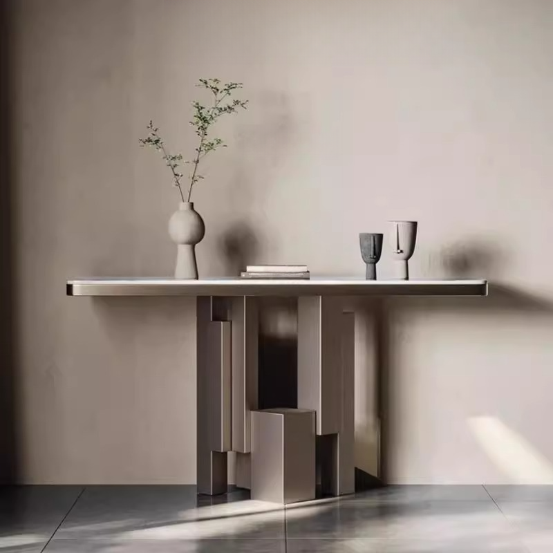 Modern White Sintered Stone Console Desk with Aesthetic Base, Scratch-shielded Rectangle Top, Stain Resistant