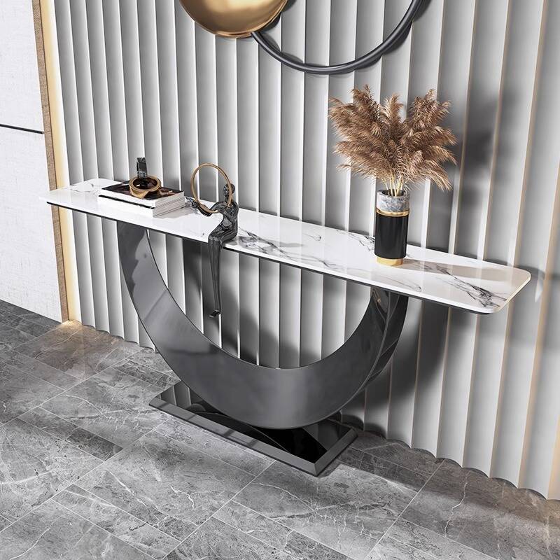 Modern White Sintered Stone Pedestal Foyer Table, Scratch-shielded Rectangle Top, Stain Resistant