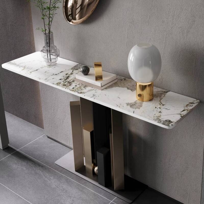 Modern Sintered Stone Rectangle Foyer Table on Pedestal Base, Scratch-shielded and Stain Resistant
