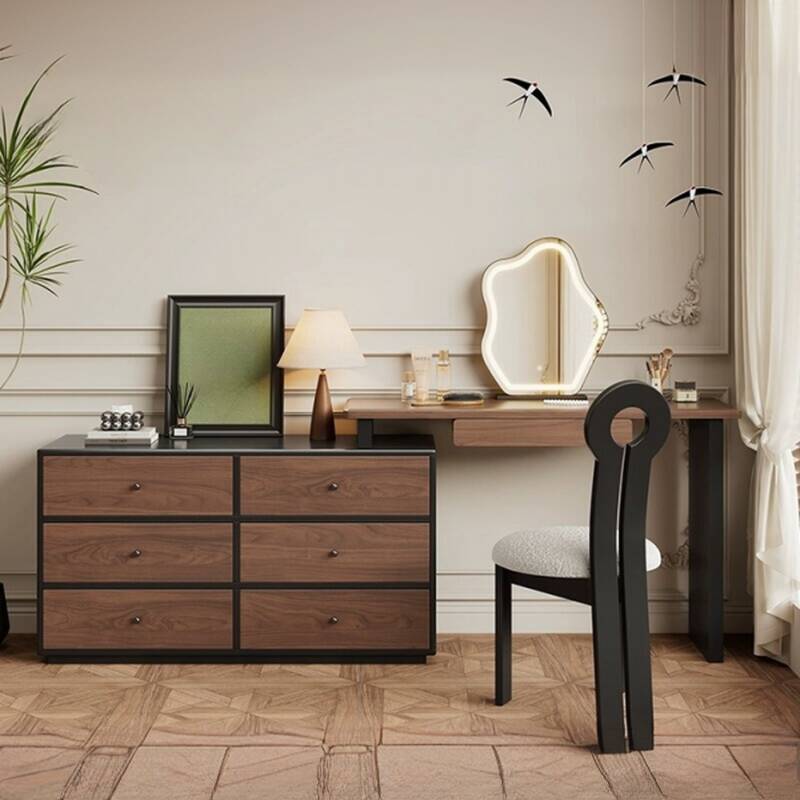 Sepia L-Shape Vanity Set with Solid+Engineered Wood, 7 Drawers, Scalable 2-in-1 Design for Sleeping Room