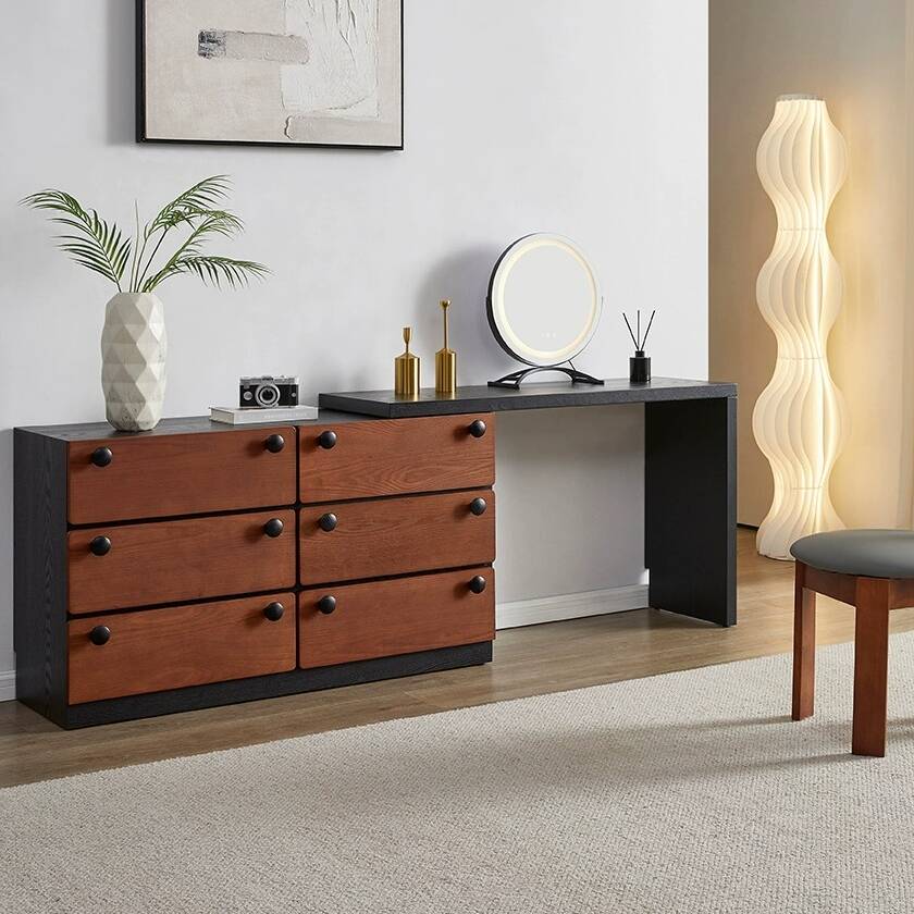 Midnight Black L-Shape Vanity Set for Sleeping Room with Solid+Engineered Wood, Push-Pull 2-in-1 Makeup Vanity