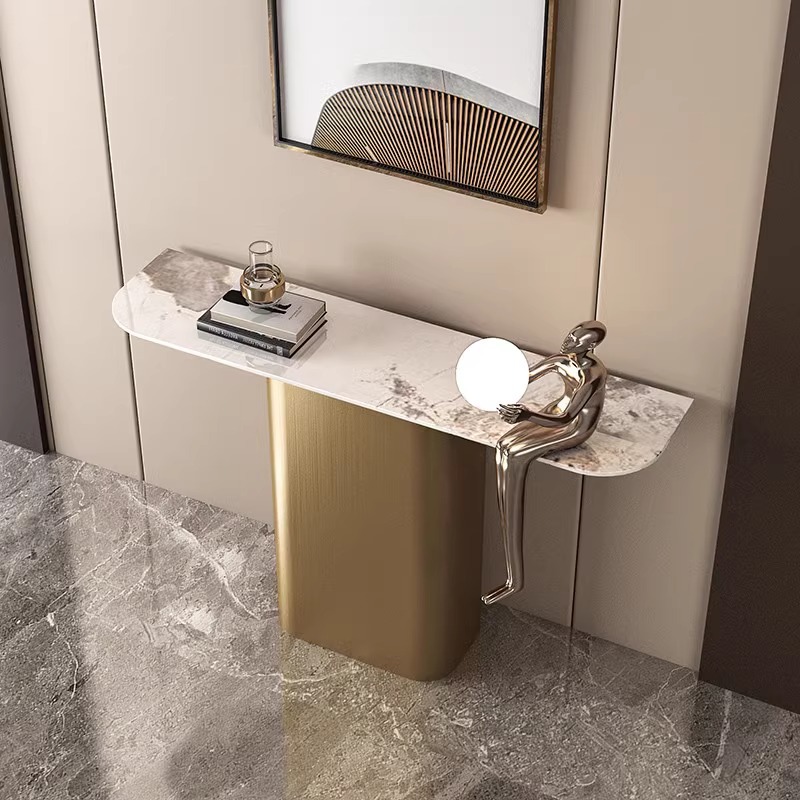 Modern White Curved Sintered Stone Pedestal Foyer Table, Scratch-shielded, Stain Resistant