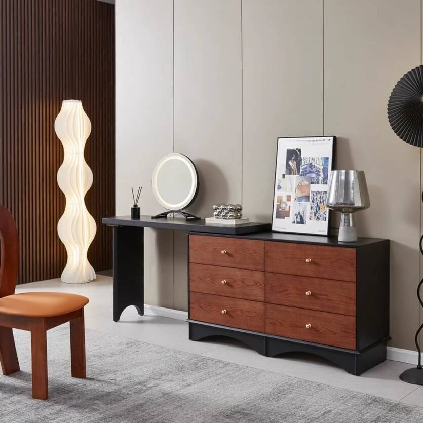 Charcoal L-Shape Vanity Set for Sleeping Room with Solid+Engineered Wood, Push-Pull 2-in-1 Makeup Vanity