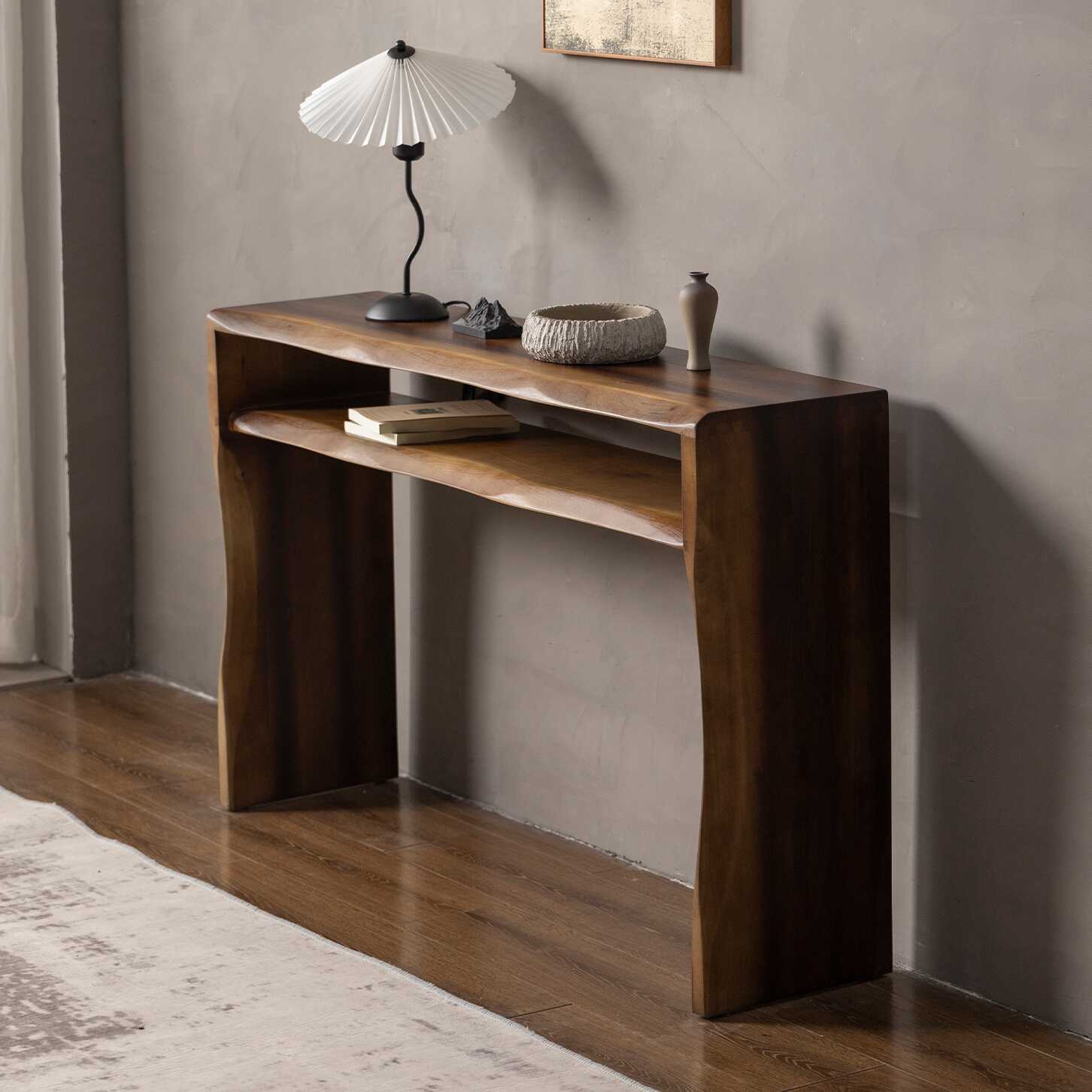 Modern Taupe Lumber Rectangle Foyer Table with Sledge Base and 1 Shelf