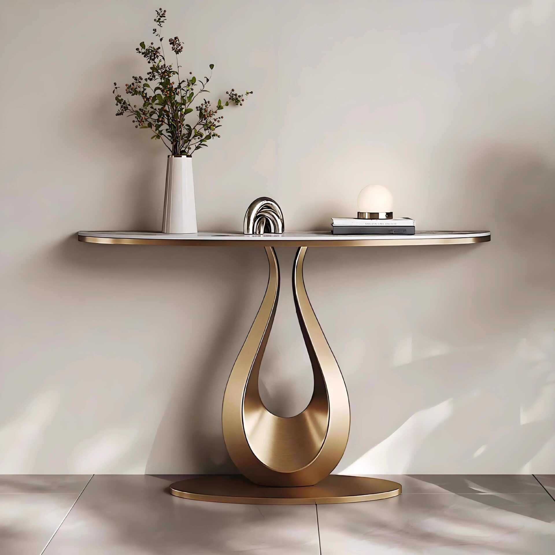 Modern Curved Whitewash Sintered Stone Pedestal Foyer Table