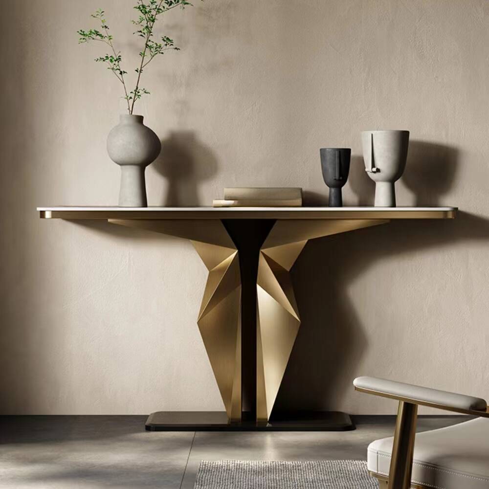 Modern/Art Deco White Sintered Stone Pedestal Console Desk, Scratch-shielded, Rectangle Top, Stain Resistant