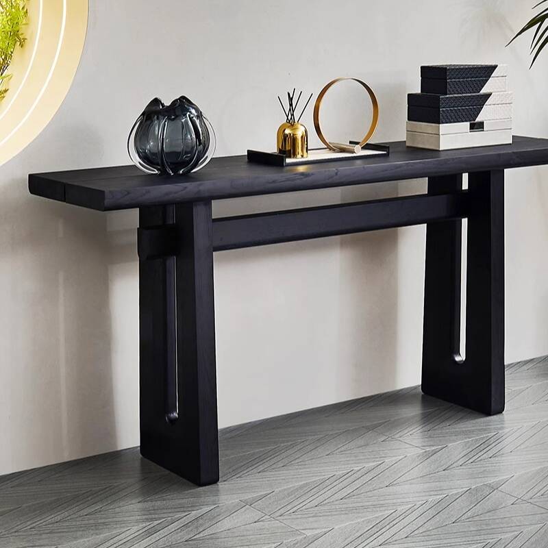 Modern Lumber Rectangle Foyer Table with Twin Support Base and Ink Top