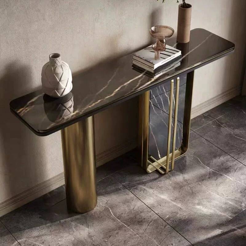 Minimalist Stone Top Rectangle Entrance Table with Abstract Base