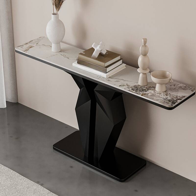 Modern Whitewash Sintered Stone Pedestal Foyer Table with Scratch-shielded and Stain Resistant Rectangle Top
