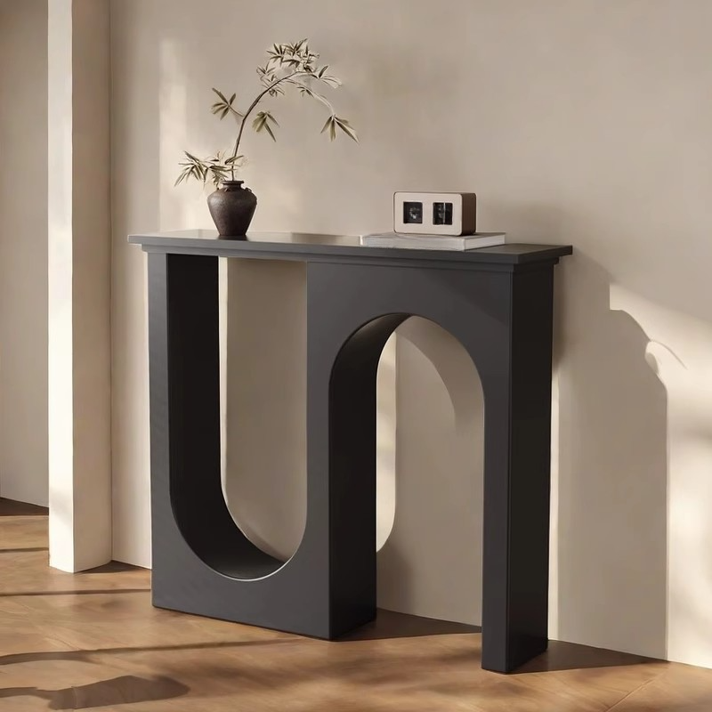 Modern Sintered Stone Console Desk with Aesthetic Base in Ink/White, Scratch-shielded and Stain Resistant Rectangle Shape