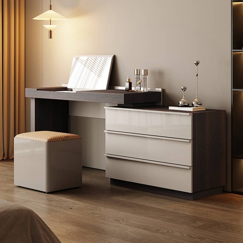 Sepia L-Shape Makeup Vanity with Pop Up, Flip-Top Mirror, Scalable, 2-in-1, Floating Features