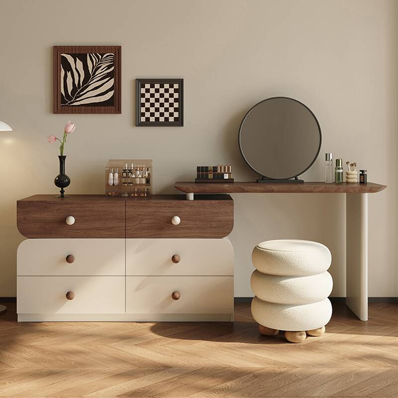 Sepia L-Shape Vanity Set for Sleeping Room with Solid+Engineered Wood, Scalable, Push-Pull, 2-in-1 Features