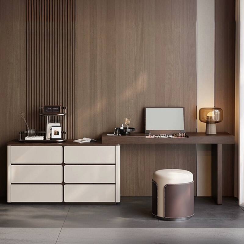 Large Vanity Set with 3 Drawers, Cushioned Stool in Chalk, and Flip-Top Mirror with Jewelry Storage