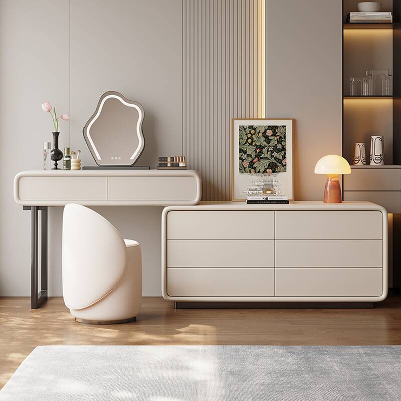 L-Shape Solid+Composite Wood 2-in-1 Vanity Set with Push-Pull Drawers, Sleeping Room