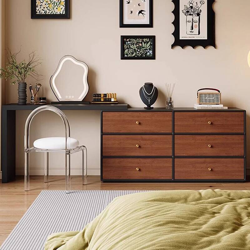 Sepia L-Shape Makeup Vanity for Sleeping Room with Solid+Engineered Wood, Push-Pull, and 2-in-1 Features