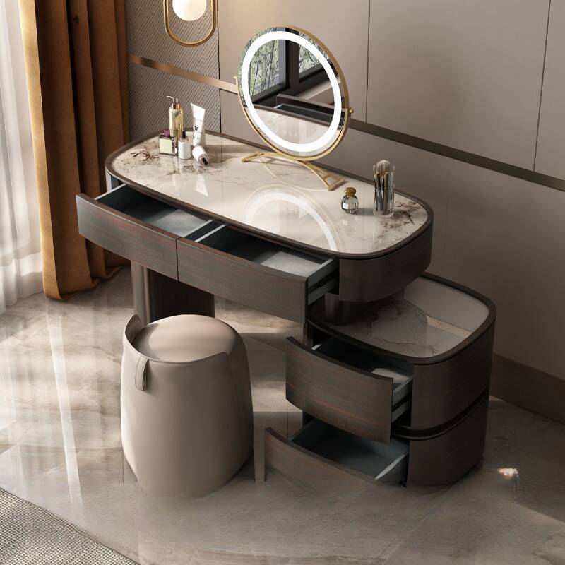 L-Shape Natural Wood Scalable 2-in-1 Vanity Set for Sleeping Room with Push-Pull Feature