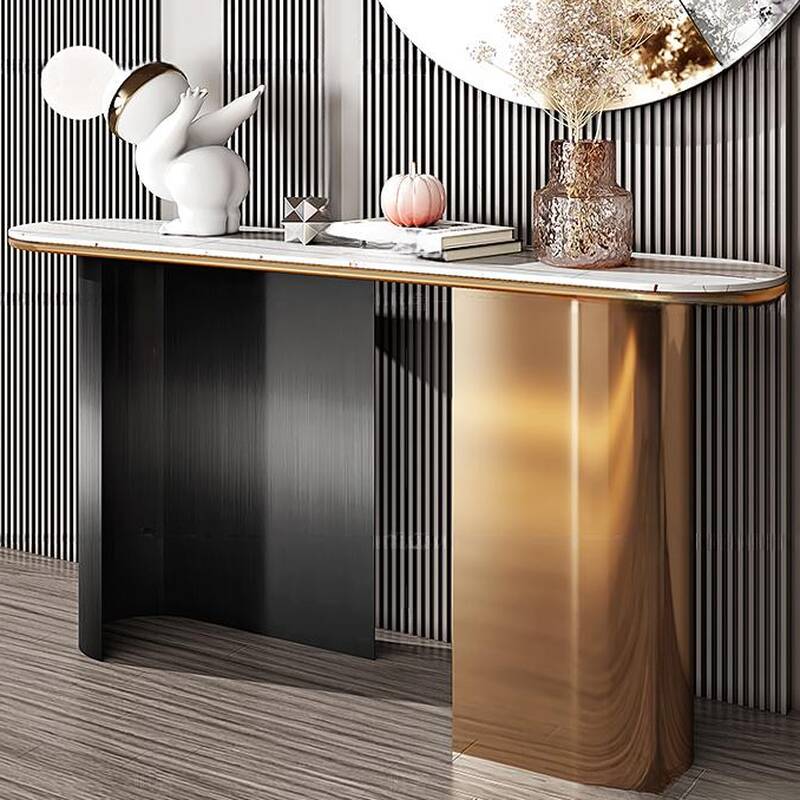 Modern White Sintered Stone Elliptical Foyer Table with Twin Support, Scratch-shielded and Stain Resistant