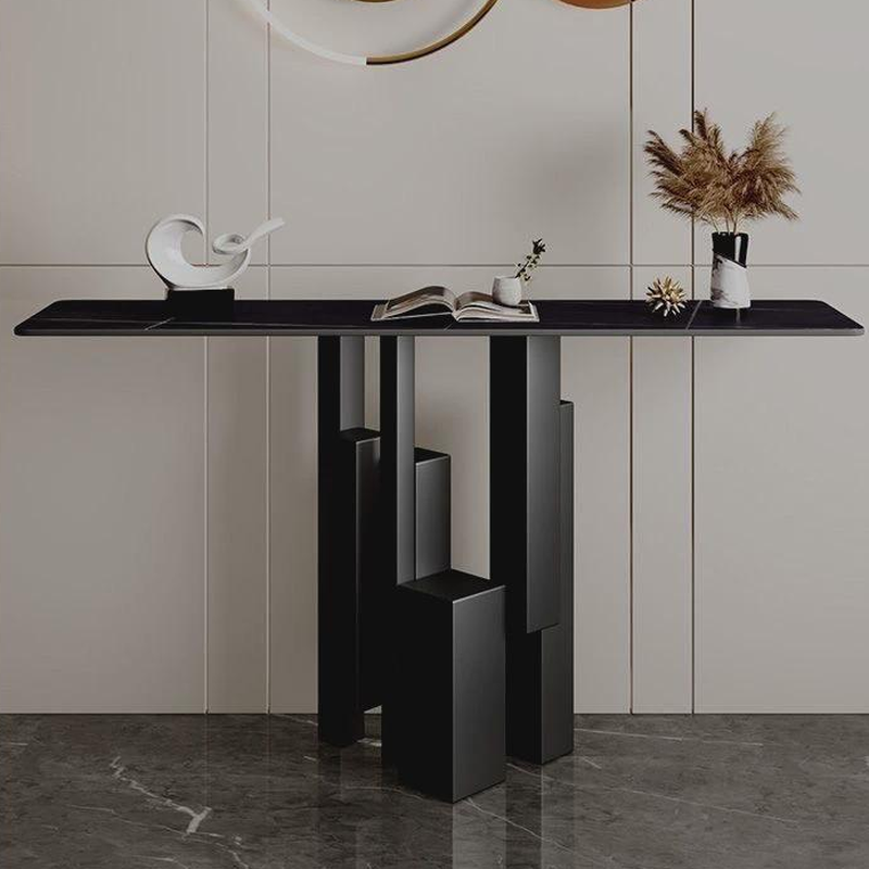 Modern Rectangle Sintered Stone Foyer Table on Pedestal Base, Scratch and Stain Resistant
