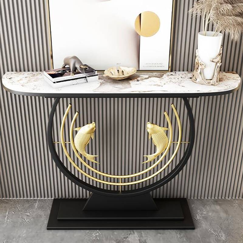 Modern Travertine Semi Circle Foyer Table with Pedestal Base, Scratch-shielded and Stain Resistant