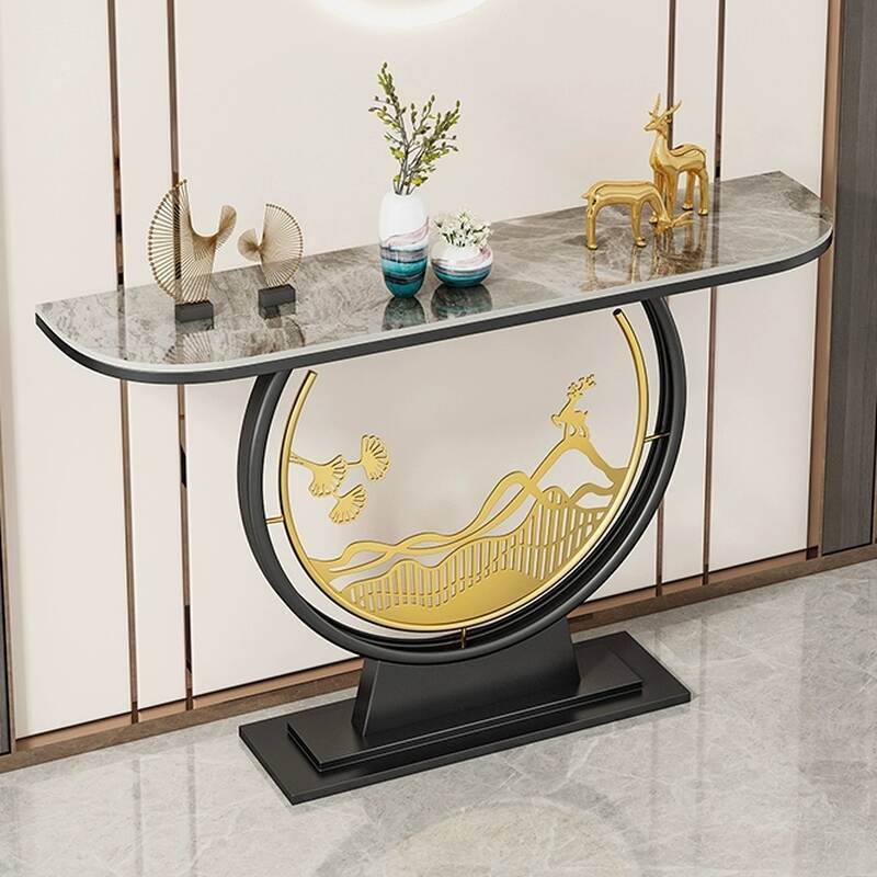 Modern/Art Deco Sintered Stone Semi Circle Foyer Table with Pedestal Base, Scratch-shielded and Stain Resistant