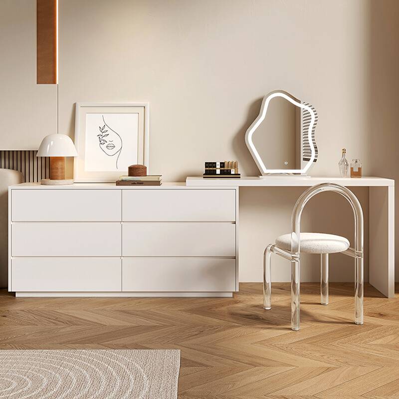 Simplistic Particle Board Wood Large Makeup Vanity with 6 Drawers, No Suspension