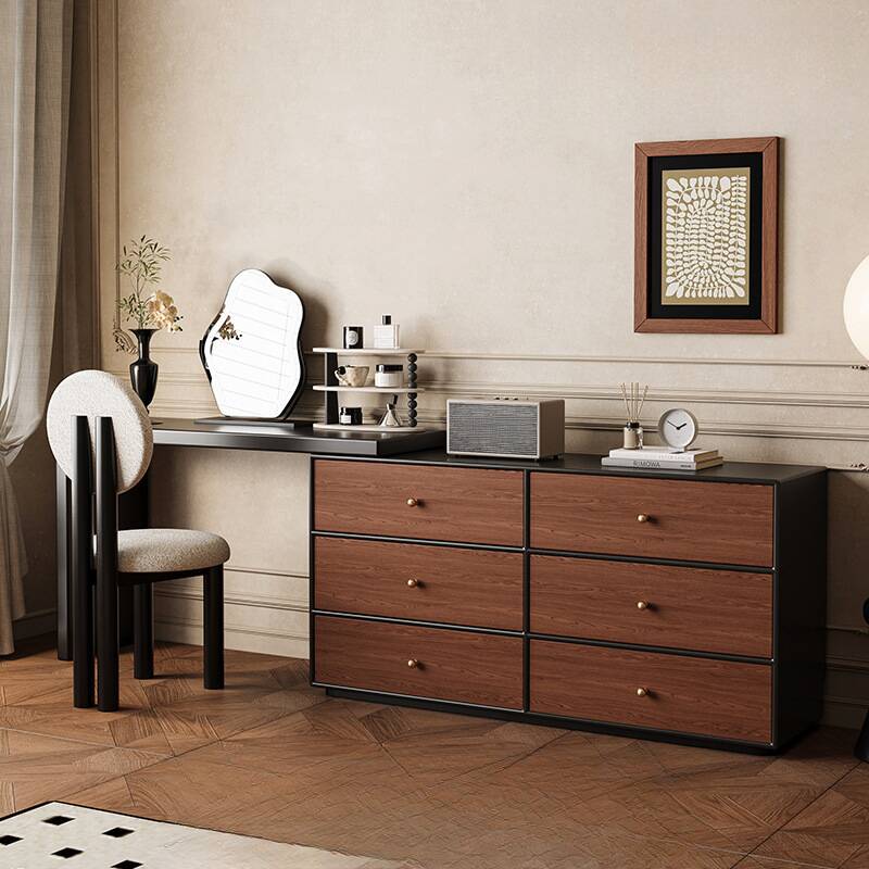 Pecan Simplistic Natural Wood Large Vanity Set with 6 Drawers, No Suspension