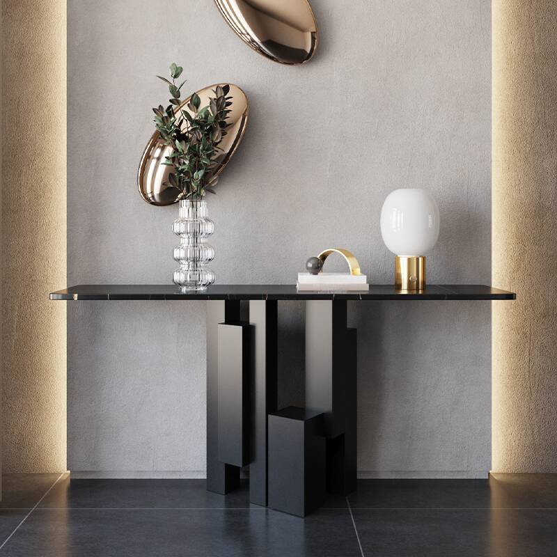 Nordic Style Foyer Table with Sintered Stone Top on Pedestal Base, Scratch-shielded and Stain Resistant Rectangle Shape
