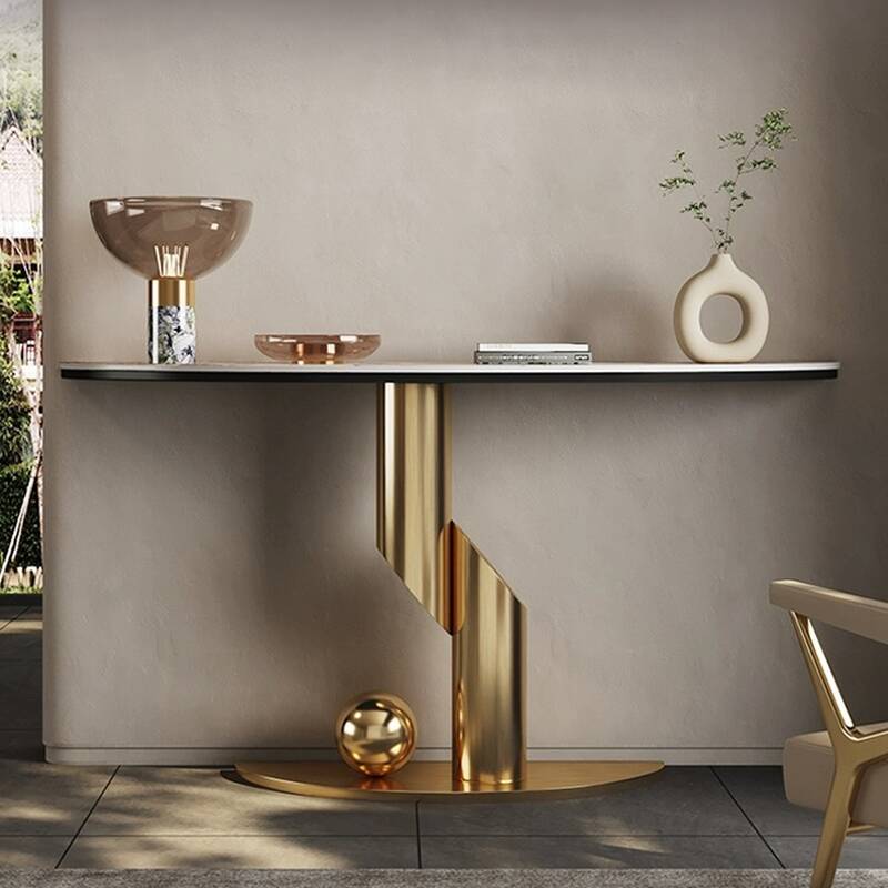 Modern White Sintered Stone Semi Circle Foyer Table with Pedestal Base, Scratch-shielded and Stain Resistant