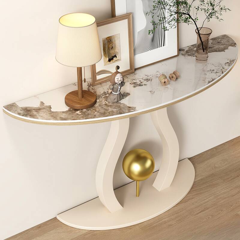 Casual Stain Resistant Scratch-tolerant Chalk Half Round Sintered Stone Entryway Table with Pedestal Base