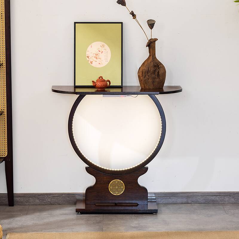 Modern Taupe Lumber Curved Top Foyer Table with Pedestal Base