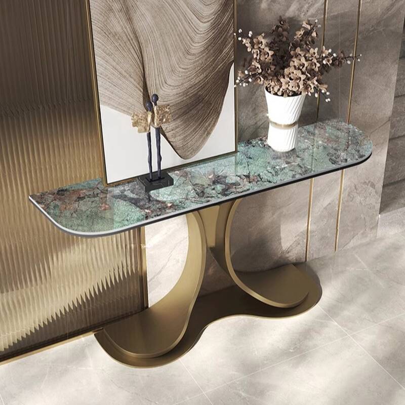 Modern Green Sintered Stone Pedestal Foyer Table with Scratch-shielded Free Form Top, Stain Resistant