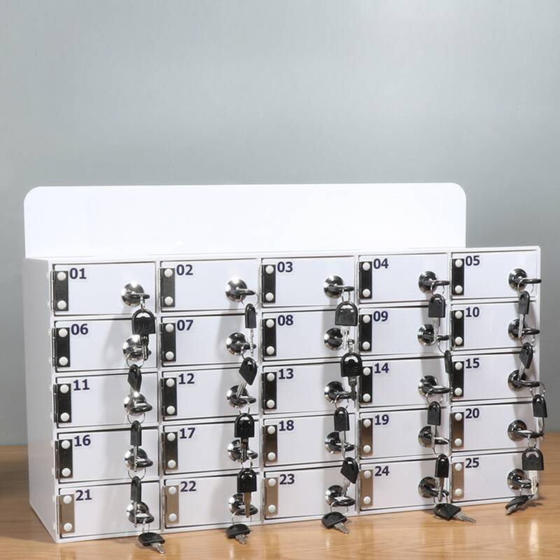 White Plexiglass Cell Phone Lockers with Robust & Key & 5 Tiers & 5-Wide or more & 10 or More Compartments