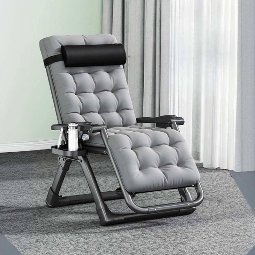 Grey/Charcoal Non Rocking Stitch-tufted Arm Recliner with Removable Cushion, Pillow & Cup Holder, Locking Back Angle
