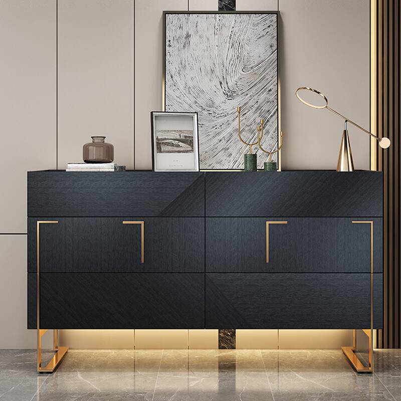 Sleek Midnight Black Simple Timber Console Dresser with 6 Drawers, Horizontal Orientation