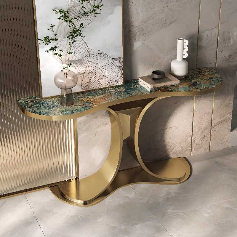 Art Deco Green Sintered Stone Console Table, Curved, Pedestal Base, Scratch and Stain Resistant