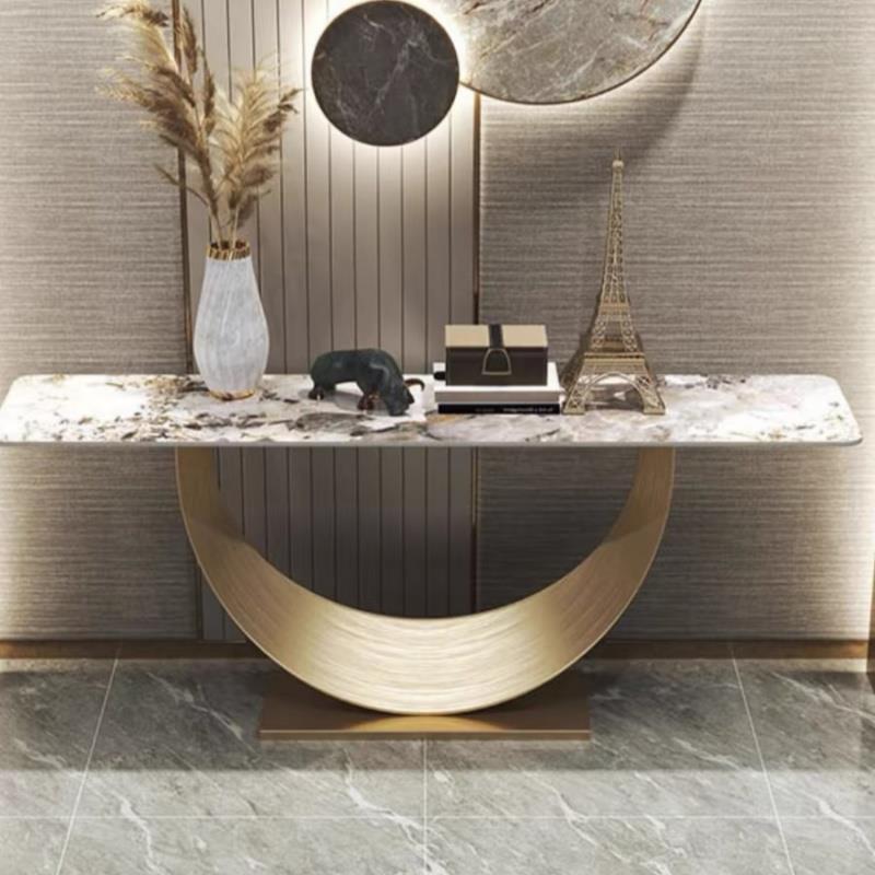 Contemporary White Sintered Stone Console Table with U Shaped Base, Scratch-shielded, Rectangle Shape, Stain Resistant