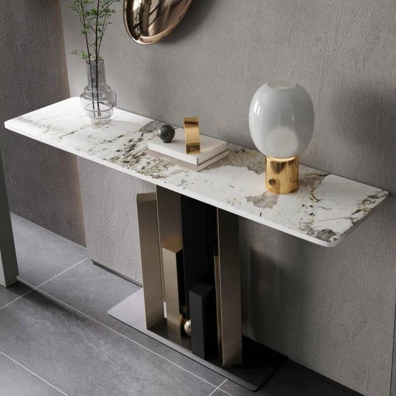 Contemporary Console Table with Scratch-shielded Sintered Stone on Pedestal Base, Rectangle, Stain Resistant