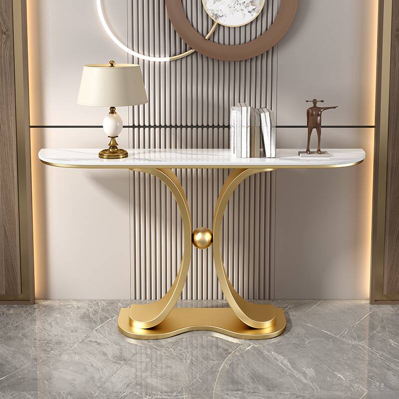 Art Deco/Contemporary Sintered Stone Pedestal Console Table with Scratch-shielded Free Form Top, Stain Resistant